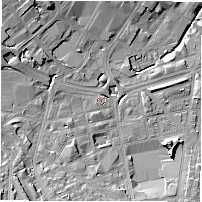 Shaded relief map of the ground around S24FJ, computed from Environment Agency LiDAR. The ground here sits at about 67 m above sea level and falls 32 m across the surrounding 800 m. Surface water reaching this point runs off ground lying to the west, 5.6 m higher.