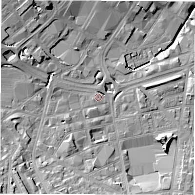 Shaded relief map of the ground around S24FL, computed from Environment Agency LiDAR. The ground here sits at about 67 m above sea level and falls 32 m across the surrounding 800 m. Surface water reaching this point runs off ground lying to the west, 5.6 m higher.