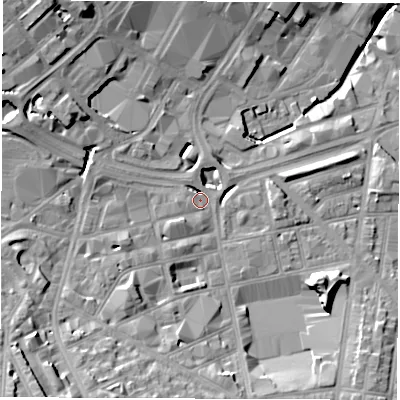 Shaded relief map of the ground around S24FP, computed from Environment Agency LiDAR. The ground here sits at about 67 m above sea level and falls 30 m across the surrounding 800 m. Surface water reaching this point runs off ground lying to the south-west, 19.0 m higher.