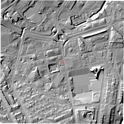 Shaded relief map of the ground around S24FQ, computed from Environment Agency LiDAR. The ground here sits at about 67 m above sea level and falls 34 m across the surrounding 800 m. Surface water reaching this point runs off ground lying to the south-south-west, 17.0 m higher.