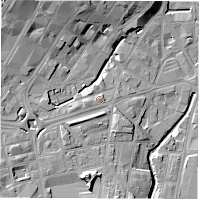 Shaded relief map of the ground around S24FR, computed from Environment Agency LiDAR. The ground here sits at about 63 m above sea level and falls 24 m across the surrounding 800 m. Surface water reaching this point runs off ground lying to the west-south-west, 4.3 m higher.