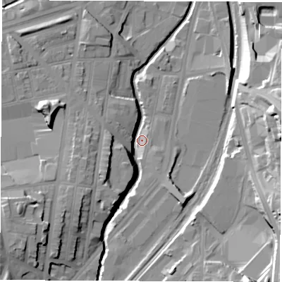 Shaded relief map of the ground around S24FS, computed from Environment Agency LiDAR. The ground here sits at about 59 m above sea level and falls 30 m across the surrounding 800 m. Surface water reaching this point runs off ground lying to the west-south-west, 20.0 m higher.