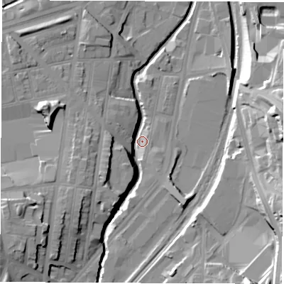 Shaded relief map of the ground around S24FT, computed from Environment Agency LiDAR. The ground here sits at about 59 m above sea level and falls 31 m across the surrounding 800 m. Surface water reaching this point runs off ground lying to the west-south-west, 20.0 m higher.