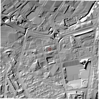 Shaded relief map of the ground around S24FU, computed from Environment Agency LiDAR. The ground here sits at about 68 m above sea level and falls 33 m across the surrounding 800 m. Surface water reaching this point runs off ground lying to the west-south-west, 4.2 m higher.