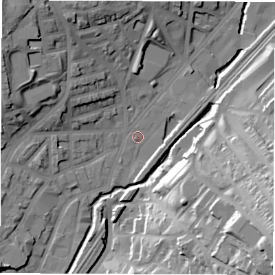 Shaded relief map of the ground around S24HE, computed from Environment Agency LiDAR. The ground here sits at about 67 m above sea level and falls 50 m across the surrounding 800 m. Surface water reaching this point runs off ground lying to the south-west, 1.0 m higher.