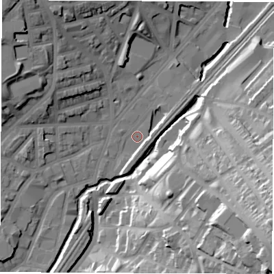 Shaded relief map of the ground around S24HG, computed from Environment Agency LiDAR. The ground here sits at about 67 m above sea level and falls 54 m across the surrounding 800 m. Surface water reaching this point runs off ground lying to the south-south-west, 4.2 m higher.
