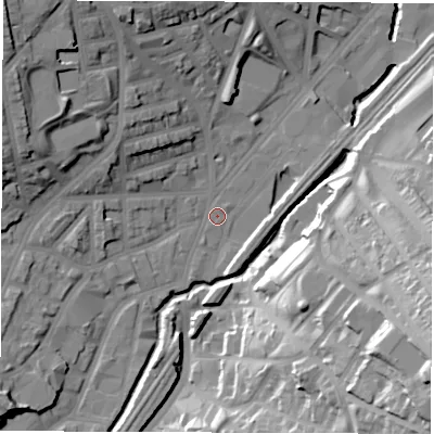 Shaded relief map of the ground around S24HJ, computed from Environment Agency LiDAR. The ground here sits at about 67 m above sea level and falls 48 m across the surrounding 800 m. Surface water reaching this point runs off ground lying to the north-west, 25.2 m higher.