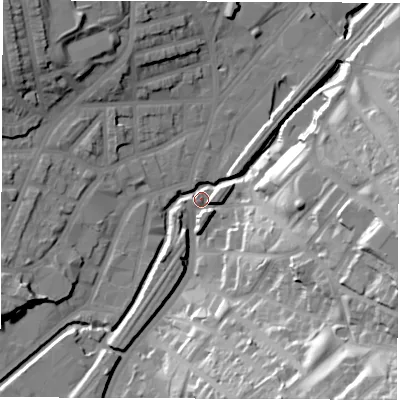 Shaded relief map of the ground around S24HL, computed from Environment Agency LiDAR. The ground here sits at about 68 m above sea level and falls 55 m across the surrounding 800 m. Surface water reaching this point runs off ground lying to the south-east, 49.8 m higher.