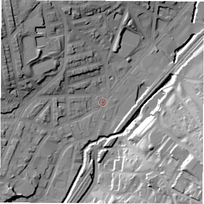 Shaded relief map of the ground around S24HP, computed from Environment Agency LiDAR. The ground here sits at about 68 m above sea level and falls 45 m across the surrounding 800 m. Surface water reaching this point runs off ground lying to the north-west, 25.5 m higher.