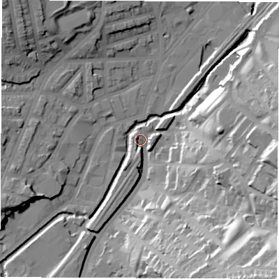 Shaded relief map of the ground around S24HQ, computed from Environment Agency LiDAR. The ground here sits at about 67 m above sea level and falls 55 m across the surrounding 800 m. Surface water reaching this point runs off ground lying to the south-east, 50.8 m higher.
