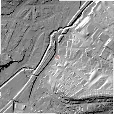 Shaded relief map of the ground around S24HS, computed from Environment Agency LiDAR. The ground here sits at about 69 m above sea level and falls 55 m across the surrounding 800 m. Surface water reaching this point runs off ground lying to the south-east, 50.0 m higher.