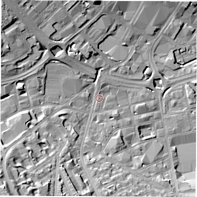 Shaded relief map of the ground around S24LA, computed from Environment Agency LiDAR. The ground here sits at about 69 m above sea level and falls 36 m across the surrounding 800 m. Surface water reaching this point runs off ground lying to the south-west, 28.0 m higher.