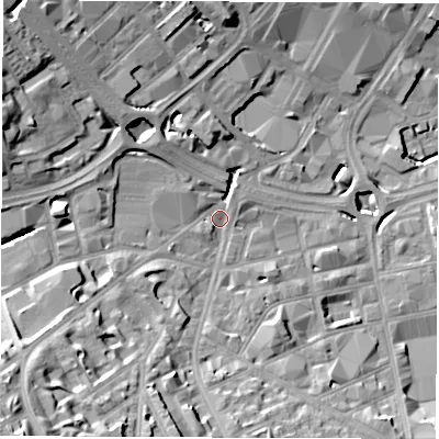Shaded relief map of the ground around S24LN, computed from Environment Agency LiDAR. The ground here sits at about 69 m above sea level and falls 35 m across the surrounding 800 m. Surface water reaching this point runs off ground lying to the south-west, 27.2 m higher.