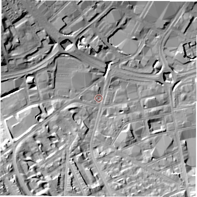 Shaded relief map of the ground around S24LP, computed from Environment Agency LiDAR. The ground here sits at about 69 m above sea level and falls 39 m across the surrounding 800 m. Surface water reaching this point runs off ground lying to the south-west, 24.4 m higher.
