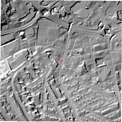 Shaded relief map of the ground around S24LR, computed from Environment Agency LiDAR. The ground here sits at about 71 m above sea level and falls 43 m across the surrounding 800 m. Surface water reaching this point runs off ground lying to the south-south-west, 24.6 m higher.