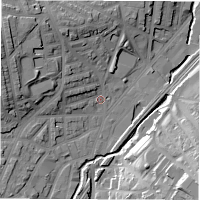 Shaded relief map of the ground around S24ND, computed from Environment Agency LiDAR. The ground here sits at about 68 m above sea level and falls 46 m across the surrounding 800 m. Surface water reaching this point runs off ground lying to the north-north-west, 16.3 m higher.