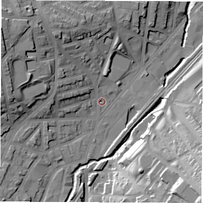 Shaded relief map of the ground around S24NJ, computed from Environment Agency LiDAR. The ground here sits at about 67 m above sea level and falls 49 m across the surrounding 800 m. Surface water reaching this point runs off ground lying to the north-north-west, 17.6 m higher.