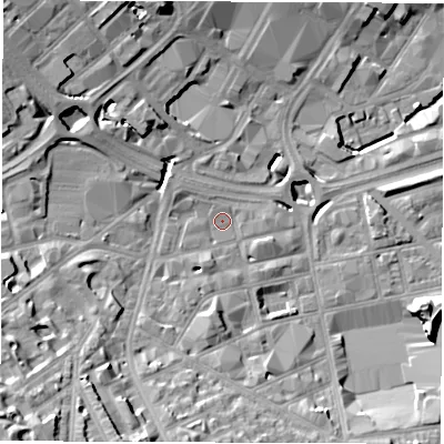 Shaded relief map of the ground around S24QA, computed from Environment Agency LiDAR. The ground here sits at about 68 m above sea level and falls 33 m across the surrounding 800 m. Surface water reaching this point runs off ground lying to the south-west, 24.0 m higher.