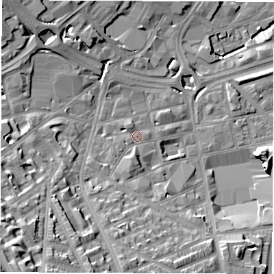 Shaded relief map of the ground around S24QE, computed from Environment Agency LiDAR. The ground here sits at about 69 m above sea level and falls 39 m across the surrounding 800 m. Surface water reaching this point runs off ground lying to the south-south-west, 10.2 m higher.