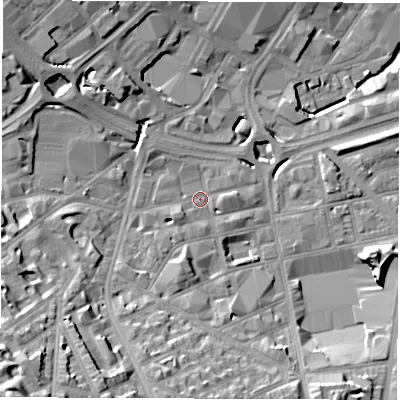 Shaded relief map of the ground around S24QF, computed from Environment Agency LiDAR. The ground here sits at about 68 m above sea level and falls 36 m across the surrounding 800 m. Surface water reaching this point runs off ground lying to the south-west, 26.5 m higher.