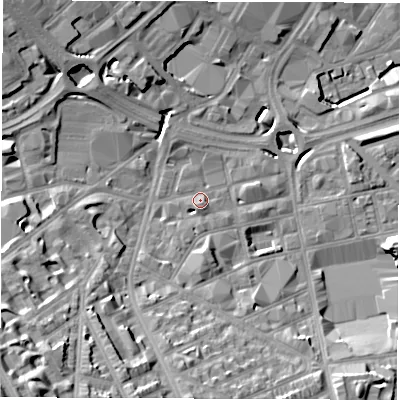 Shaded relief map of the ground around S24QG, computed from Environment Agency LiDAR. The ground here sits at about 69 m above sea level and falls 37 m across the surrounding 800 m. Surface water reaching this point runs off ground lying to the south-west, 6.1 m higher.