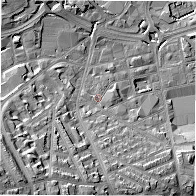 Shaded relief map of the ground around S24QH, computed from Environment Agency LiDAR. The ground here sits at about 72 m above sea level and falls 41 m across the surrounding 800 m. Surface water reaching this point runs off ground lying to the south, 8.0 m higher.