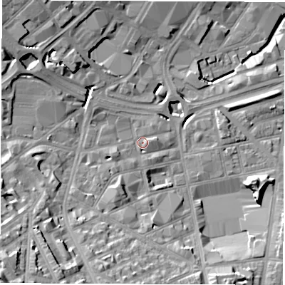 Shaded relief map of the ground around S24QP, computed from Environment Agency LiDAR. The ground here sits at about 68 m above sea level and falls 35 m across the surrounding 800 m. Surface water reaching this point runs off ground lying to the south-west, 25.2 m higher.
