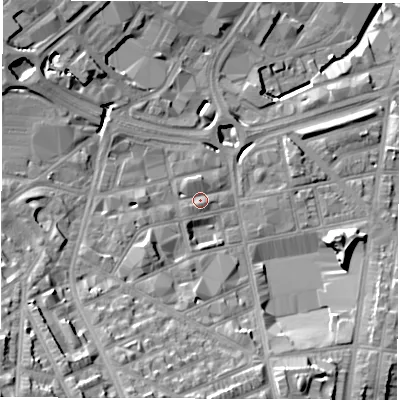 Shaded relief map of the ground around S24QQ, computed from Environment Agency LiDAR. The ground here sits at about 68 m above sea level and falls 34 m across the surrounding 800 m. Surface water reaching this point runs off ground lying to the west-south-west, 4.1 m higher.