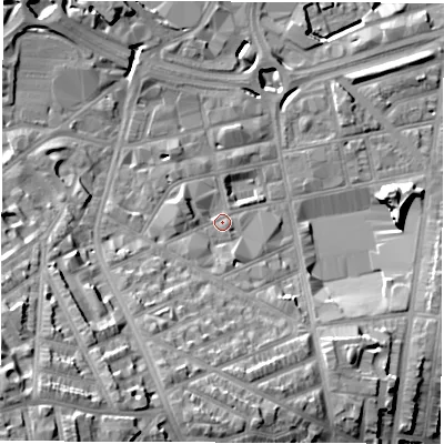 Shaded relief map of the ground around S24QU, computed from Environment Agency LiDAR. The ground here sits at about 69 m above sea level and falls 36 m across the surrounding 800 m. Surface water reaching this point runs off ground lying to the south-west, 10.3 m higher.