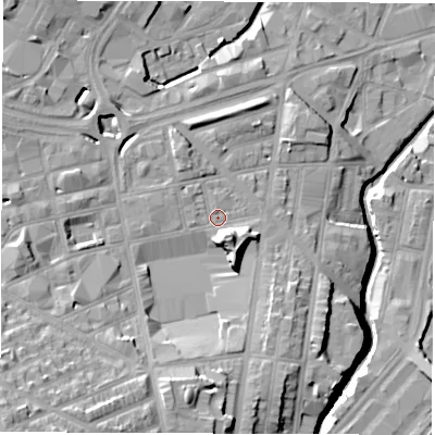 Shaded relief map of the ground around S24QX, computed from Environment Agency LiDAR. The ground here sits at about 66 m above sea level and falls 29 m across the surrounding 800 m. Surface water reaching this point runs off ground lying to the south-south-west, 11.0 m higher.