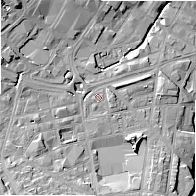 Shaded relief map of the ground around S24QZ, computed from Environment Agency LiDAR. The ground here sits at about 67 m above sea level and falls 26 m across the surrounding 800 m. Surface water reaching this point runs off ground lying to the west-south-west, 0.6 m higher.