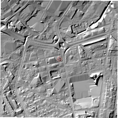 Shaded relief map of the ground around S24RB, computed from Environment Agency LiDAR. The ground here sits at about 68 m above sea level and falls 32 m across the surrounding 800 m. Surface water reaching this point runs off ground lying to the south-south-west, 15.1 m higher.