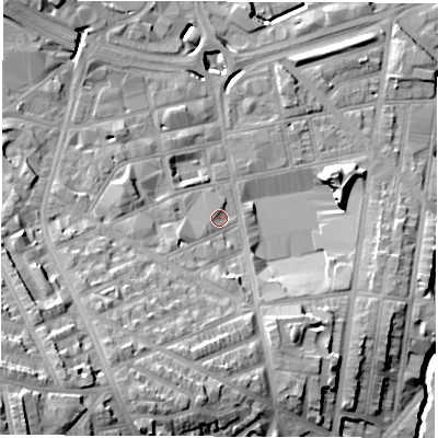 Shaded relief map of the ground around S24RD, computed from Environment Agency LiDAR. The ground here sits at about 68 m above sea level and falls 35 m across the surrounding 800 m. Surface water reaching this point runs off ground lying to the south-west, 5.6 m higher.