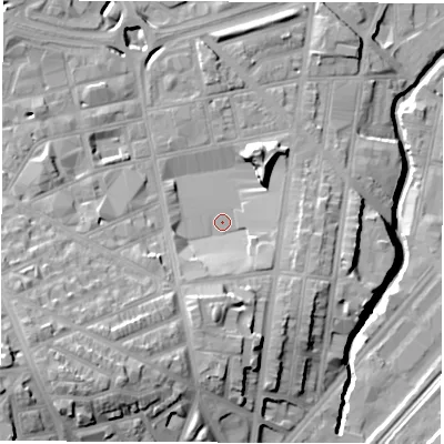 Shaded relief map of the ground around S24SU, computed from Environment Agency LiDAR. The ground here sits at about 66 m above sea level and falls 33 m across the surrounding 800 m. Surface water reaching this point runs off ground lying to the south-south-west, 11.4 m higher.