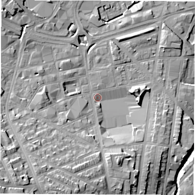 Shaded relief map of the ground around S24SW, computed from Environment Agency LiDAR. The ground here sits at about 66 m above sea level and falls 34 m across the surrounding 800 m. Surface water reaching this point runs off ground lying to the south, 12.5 m higher.