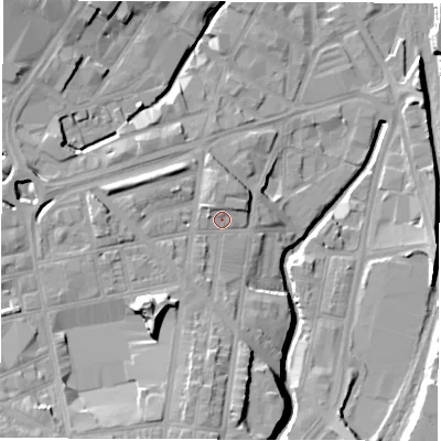 Shaded relief map of the ground around S24TB, computed from Environment Agency LiDAR. The ground here sits at about 64 m above sea level and falls 23 m across the surrounding 800 m. Surface water reaching this point runs off ground lying to the south, 8.1 m higher.