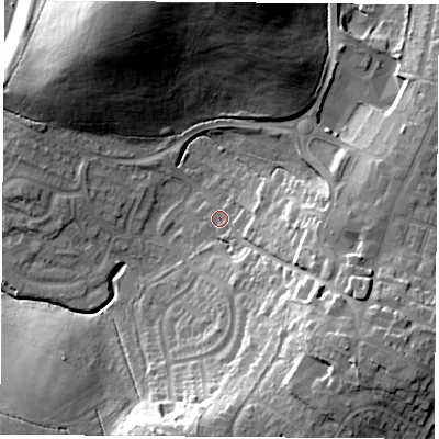 Shaded relief map of the ground around S252LY, computed from Environment Agency LiDAR. The ground here sits at about 102 m above sea level and falls 33 m across the surrounding 800 m. Surface water reaching this point runs off ground lying to the south-east, 20.0 m higher.