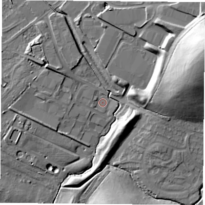 Shaded relief map of the ground around S252RH, computed from Environment Agency LiDAR. The ground here sits at about 98 m above sea level and falls 36 m across the surrounding 800 m. Surface water reaching this point runs off ground lying to the west, 2.0 m higher.