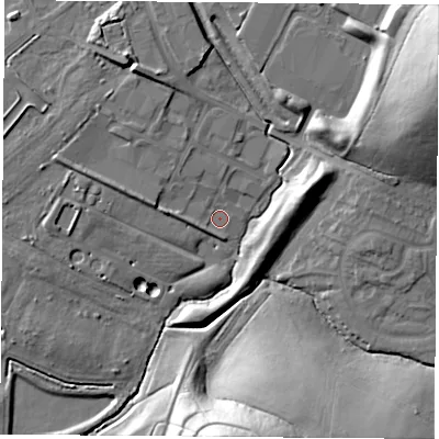 Shaded relief map of the ground around S252RJ, computed from Environment Agency LiDAR. The ground here sits at about 98 m above sea level and falls 32 m across the surrounding 800 m. Surface water reaching this point runs off ground lying to the west-north-west, 5.4 m higher.