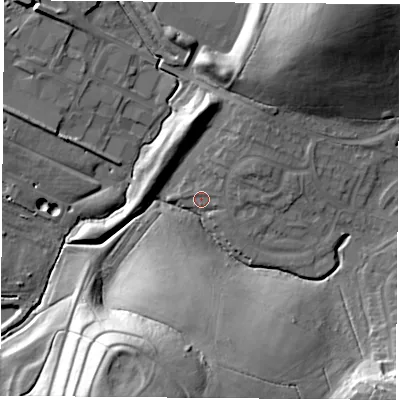 Shaded relief map of the ground around S252XJ, computed from Environment Agency LiDAR. The ground here sits at about 100 m above sea level and falls 36 m across the surrounding 800 m. Surface water reaching this point runs off ground lying to the east-north-east, 4.9 m higher.