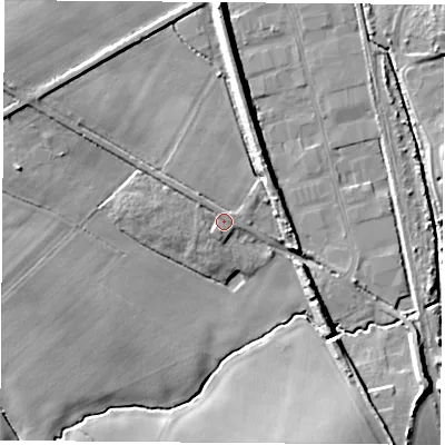 Shaded relief map of the ground around S254AH, computed from Environment Agency LiDAR. The ground here sits at about 97 m above sea level and falls 12 m across the surrounding 800 m. Surface water reaching this point runs off ground lying to the north-north-west, 1.7 m higher.