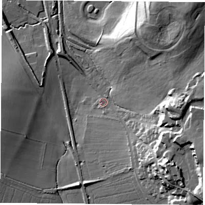 Shaded relief map of the ground around S254AJ, computed from Environment Agency LiDAR. The ground here sits at about 97 m above sea level and falls 40 m across the surrounding 800 m. Surface water reaching this point runs off ground lying to the east-south-east, 34.0 m higher.