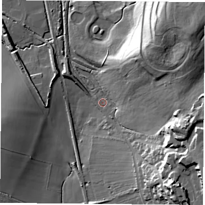 Shaded relief map of the ground around S254DY, computed from Environment Agency LiDAR. The ground here sits at about 96 m above sea level and falls 40 m across the surrounding 800 m. Surface water reaching this point runs off ground lying to the east-south-east, 32.0 m higher.