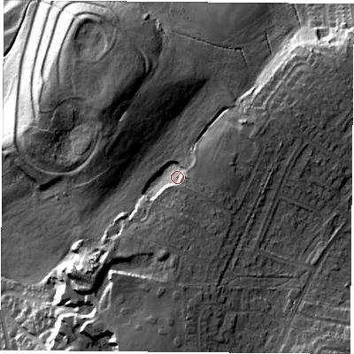 Shaded relief map of the ground around S254HD, computed from Environment Agency LiDAR. The ground here sits at about 122 m above sea level and falls 32 m across the surrounding 800 m. Surface water reaching this point runs off ground lying to the south, 9.4 m higher.