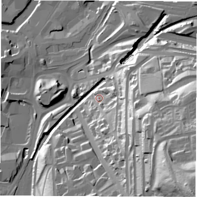 Shaded relief map of the ground around S25PA, computed from Environment Agency LiDAR. The ground here sits at about 64 m above sea level and falls 98 m across the surrounding 800 m. Surface water reaching this point runs off ground lying to the south-east, 27.5 m higher.