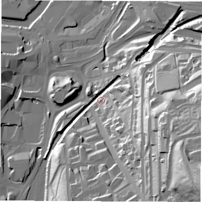 Shaded relief map of the ground around S25PZ, computed from Environment Agency LiDAR. The ground here sits at about 58 m above sea level and falls 91 m across the surrounding 800 m. Surface water reaching this point runs off ground lying to the south-east, 37.3 m higher.