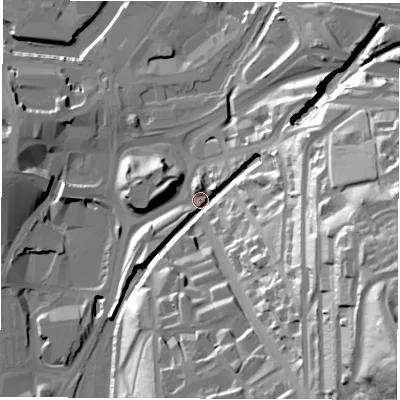 Shaded relief map of the ground around S25QA, computed from Environment Agency LiDAR. The ground here sits at about 55 m above sea level and falls 86 m across the surrounding 800 m. Surface water reaching this point runs off ground lying to the south-east, 37.3 m higher.