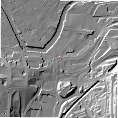 Shaded relief map of the ground around S25ST, computed from Environment Agency LiDAR. The ground here sits at about 50 m above sea level and falls 54 m across the surrounding 800 m. Surface water reaching this point runs off ground lying to the south, 2.4 m higher.