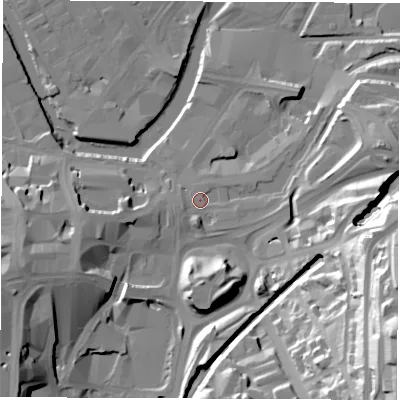 Shaded relief map of the ground around S25SY, computed from Environment Agency LiDAR. The ground here sits at about 51 m above sea level and falls 58 m across the surrounding 800 m. Surface water reaching this point runs off ground lying to the east-south-east, 32.6 m higher.