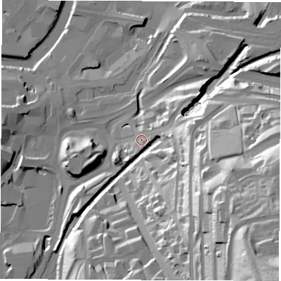 Shaded relief map of the ground around S25TG, computed from Environment Agency LiDAR. The ground here sits at about 57 m above sea level and falls 90 m across the surrounding 800 m. Surface water reaching this point runs off ground lying to the east-south-east, 27.6 m higher.